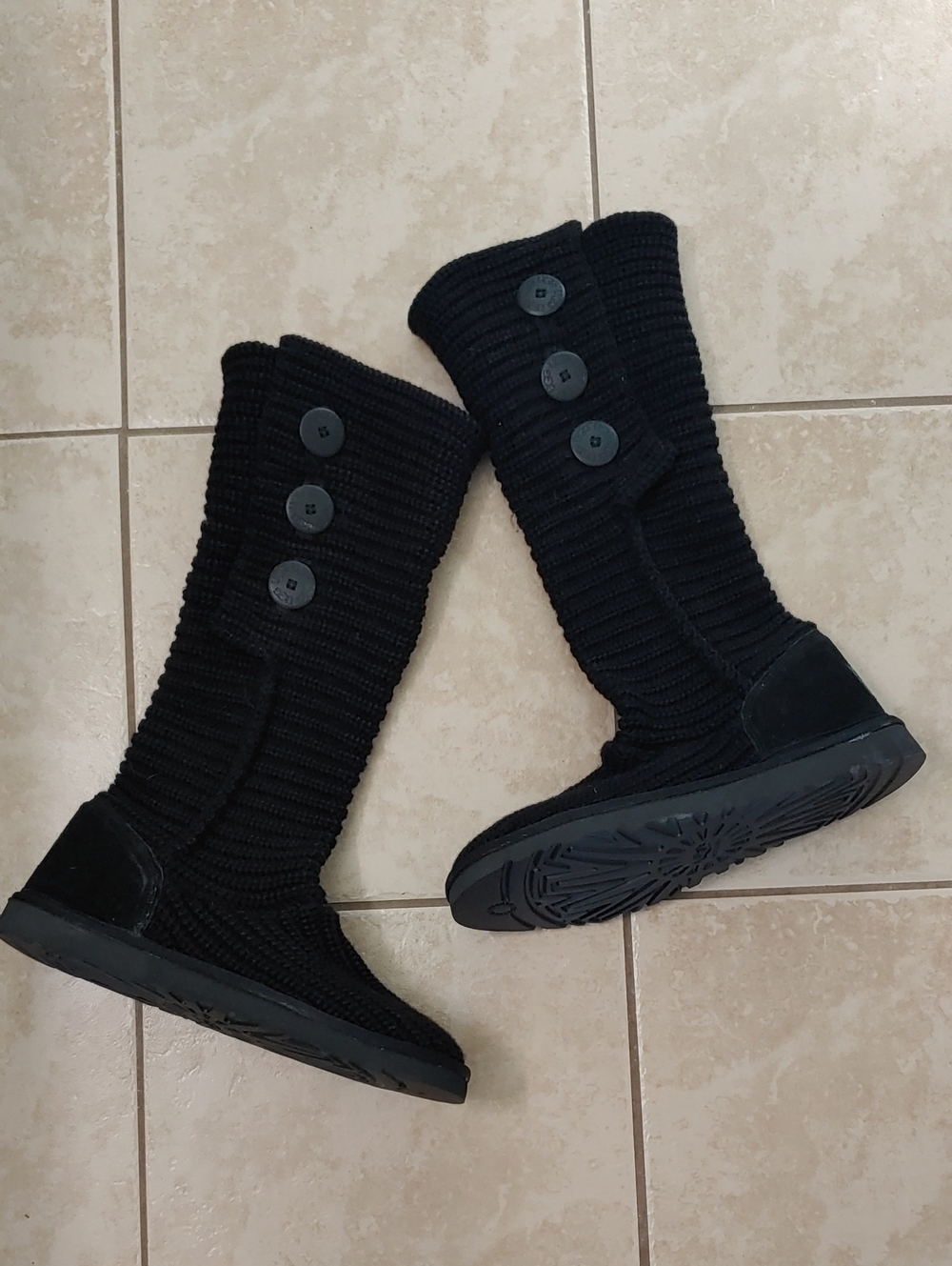 UGG Classic Cardy Knit Boots Black Tall Button Fold Women's Size 10